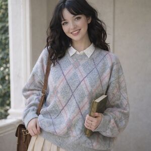 Vintage‎ Gray White Pink Purple Grandmacore Argyle Long Sleeve Oversized Sweater